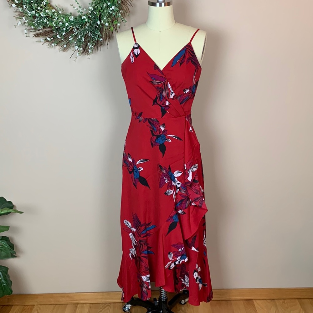 Chelsea 28 Red Tropical Floral Print Spaghetti Strap Maxi Dress - Size XS